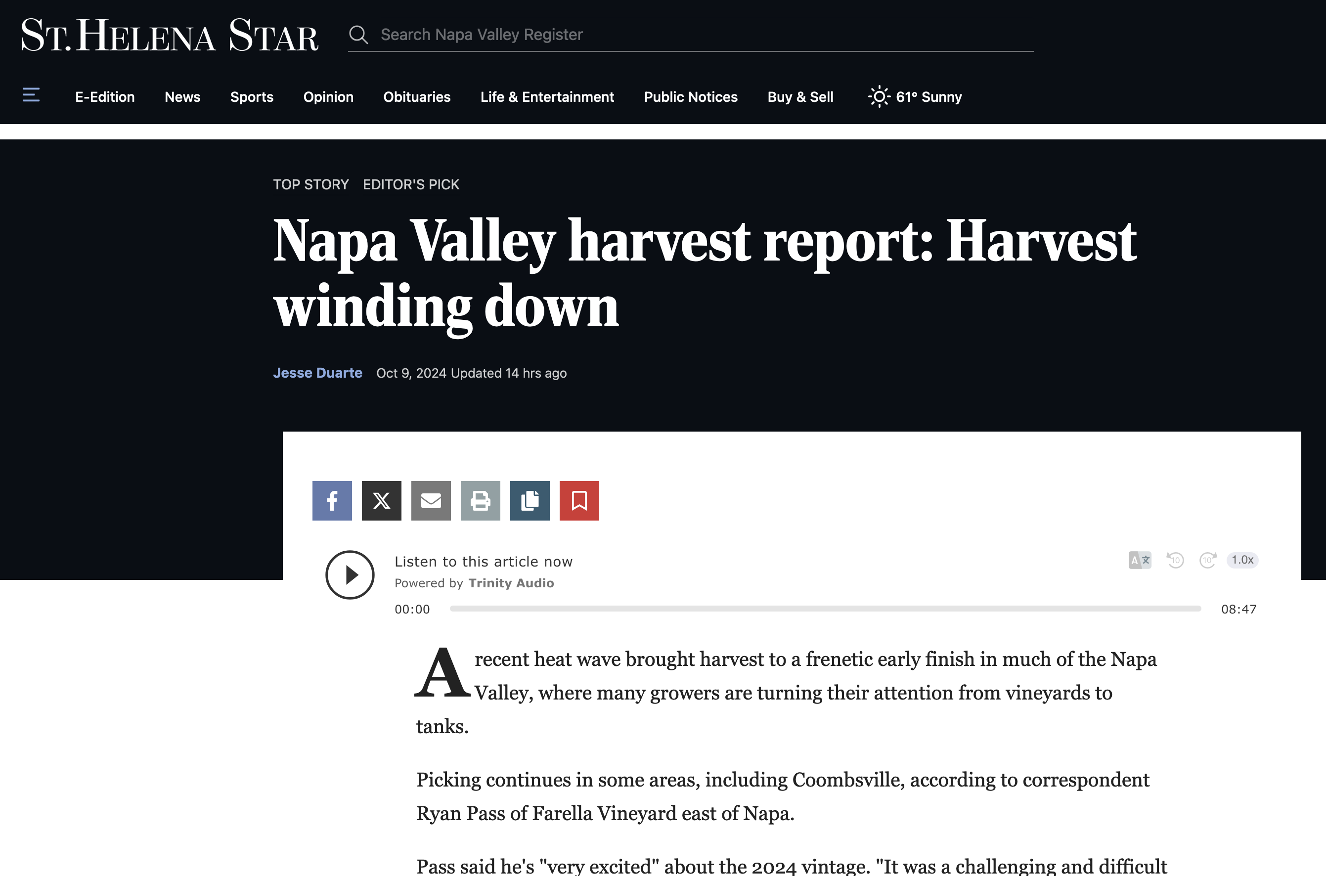 Napa Valley harvest report: 2024 Harvest winding down